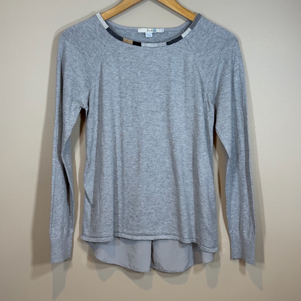 Boden Light Gray Long Sleeve Women's Tee with Embellished Collar size 10